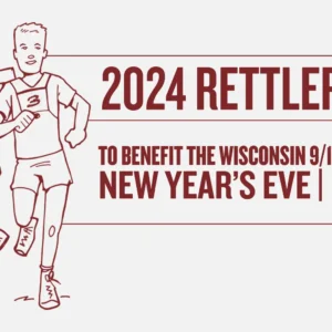 Illustrated banner for the 2024 Rettler Run, featuring two runners side by side wearing race bibs numbered ‘31’ and ‘3.’ The text reads ‘2024 Rettler Run’ with details below: ‘To benefit the Wisconsin 9/11 Memorial’ and event timing ‘New Year’s Eve | 12-3 PM.’ The design uses a simple, maroon color scheme on a light background.